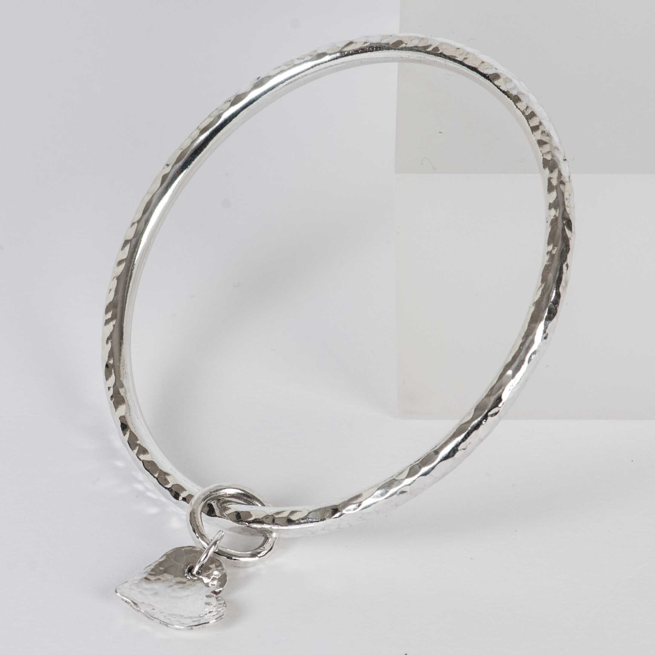Sterling Silver 4mm Battered Bangle with Dangly Heart, part of the ...